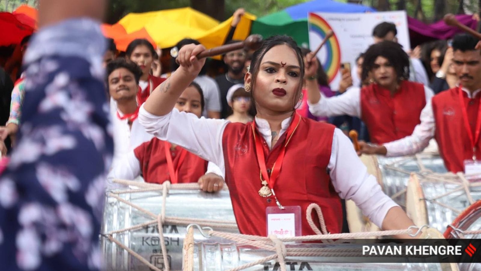 Mothers with their kids, trans dhol tasha pathak mark Pune pride march