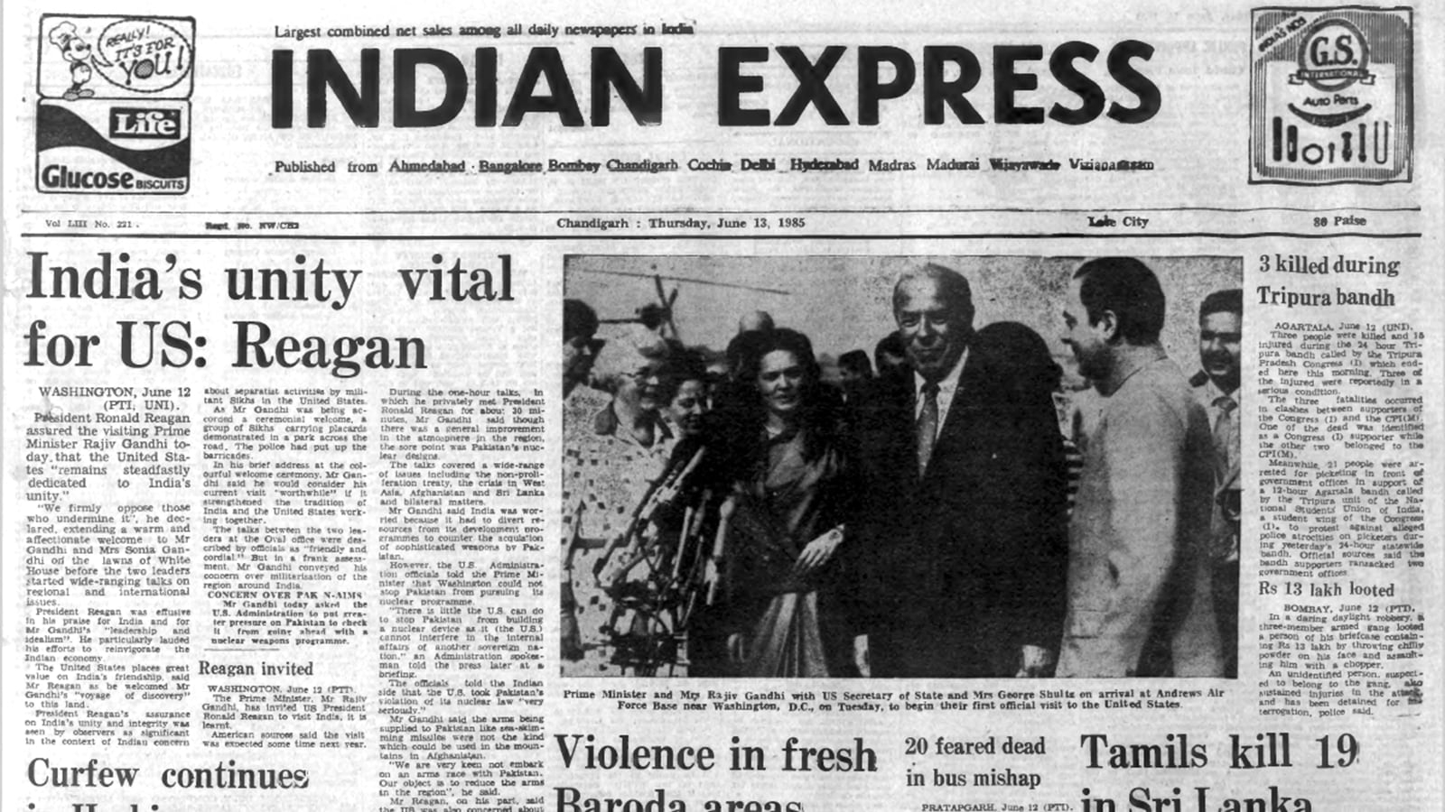 June 13, 1985, Forty Years Ago: Rajiv Gandhi In US