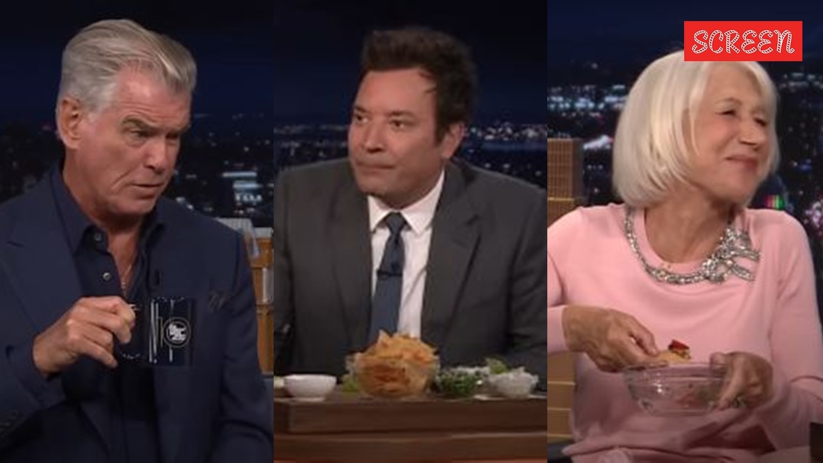 Pierce Brosnan chokes on Jimmy Fallon's tomato salsa but Helen Mirren is unfazed and keeps on eating