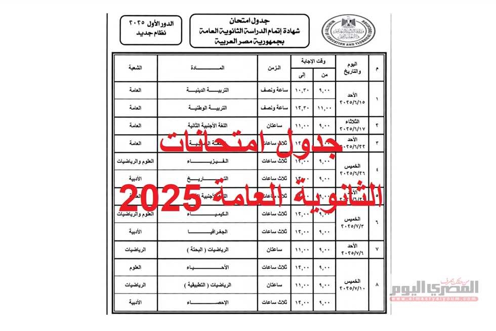 تًستأنف الأحد المقبل.. جدول امتحانات الثانوية العامة 2025 pdf كاملا