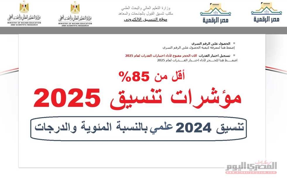 مؤشرات تنسيق الثانوية العامة 2025 علمي.. كليات تقبل 85% فأقل عام 2024 (بالنسبة المئوية)