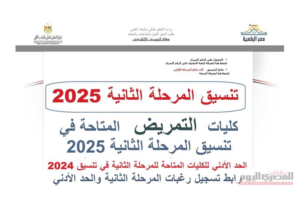 تنسيق المرحلة الثانية 2025 علمي علوم ورياضة وأدبي.. الحد الأدنى والكليات المتاحة بالنسبة المئوية