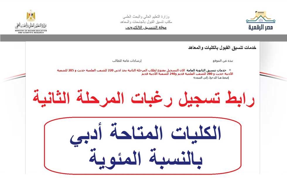 تنسيق المرحلة الثانية 2025.. مؤشرات الحد الأدني ل الكليات المتاحة أدبي (قائمة كاملة)