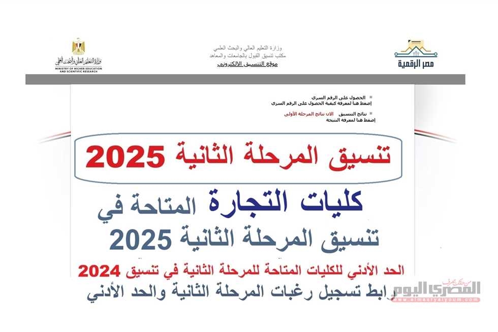 تنسيق المرحلة الثانية 2025.. توقعات كليات التجارة علمي وأدبي (الحد الأدنى 2024)