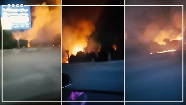 النيران وصلت إلى عنان السماء، حريق هائل في هيش ومخلفات بكورنيش النيل بحلوان (فيديو)