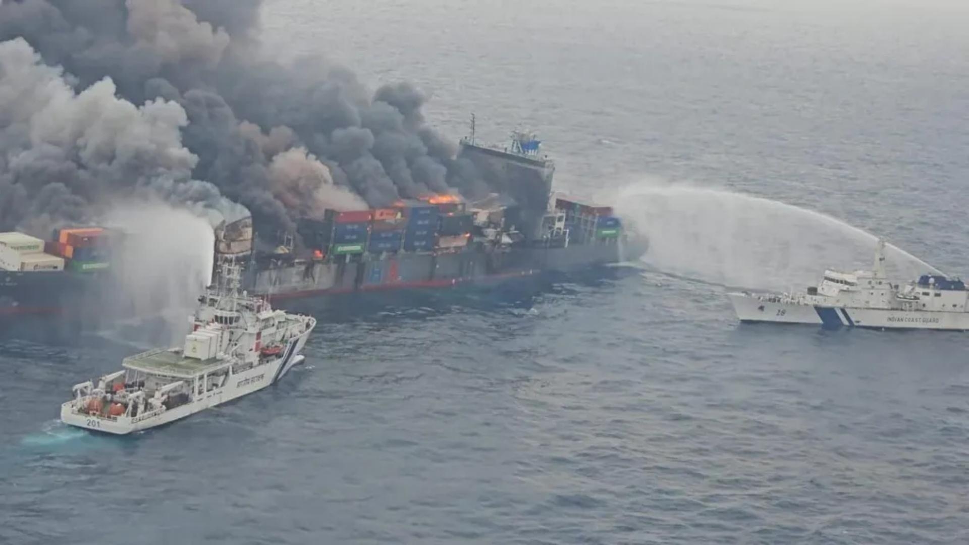 Four crew members missing as Singapore-flagged cargo ship burns off India coast