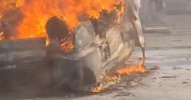 حادث تصادم بين 7 سيارات واشتعال النار فى سيارة ملاكى أعلى دائرى المنيب