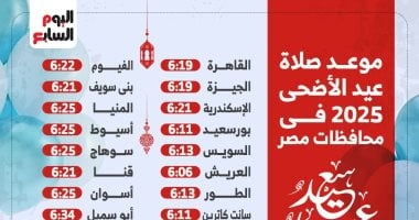 موعد صلاة عيد الأضحى 2025 فى محافظات مصر.. إنفوجراف