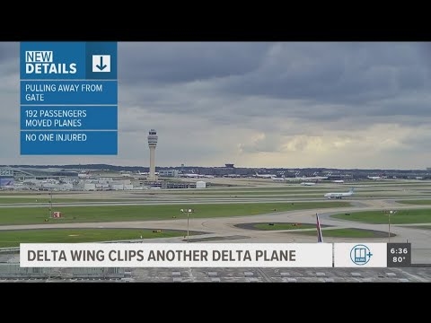 Delta plane wing clips empty aircraft during pushback from gate in Atlanta