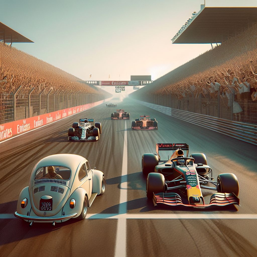 Why is the NPA made to race in a VW Beetle against Formula 1 cars?