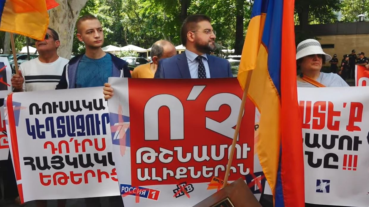 'Silence the enemy's voice': Protesters in Armenia demand shutdown of Russian TV channels