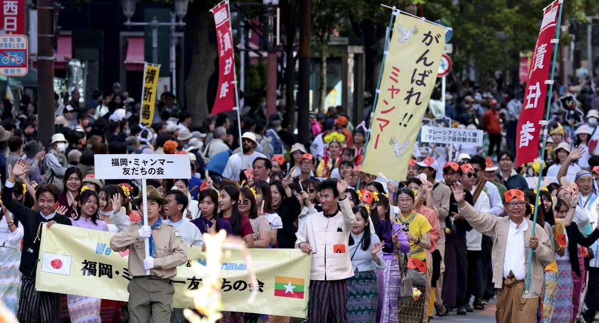 People Dress in Myanmar Traditional Garments for Festival in Fukuoka; Residents of Japan, Myanmar Parade in Support of Myanmar after Devastating Earthquake