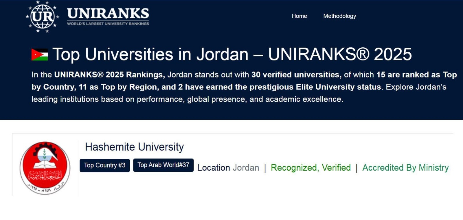 الجامعة الهاشمية في المركز الثالث محليًّا و37 عربيّاً في تصنيف UNIRANKS العالمي لعام 2025