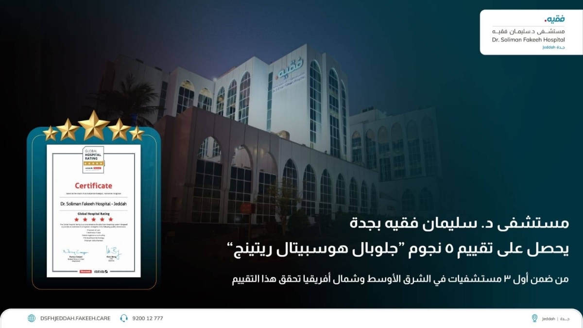 مستشفى د. سليمان فقيه بجدة ضمن أول 3 مستشفيات فئة ٥ نجوم في الشرق الأوسط وشمال أفريقيا