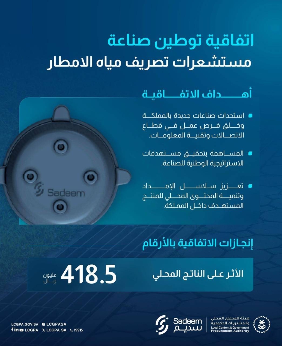 هيئة المحتوى المحلي والمشتريات الحكومية تعلن عن توقع اتفاقية توطين صناعة ونقل معرفة "مستشعرات تصريف مياه الأمطار"