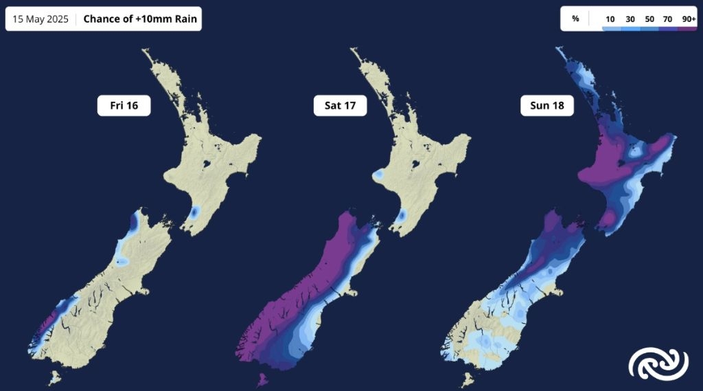 Wet And Windy South Island On Saturday, Rain Crossing North Island On Sunday