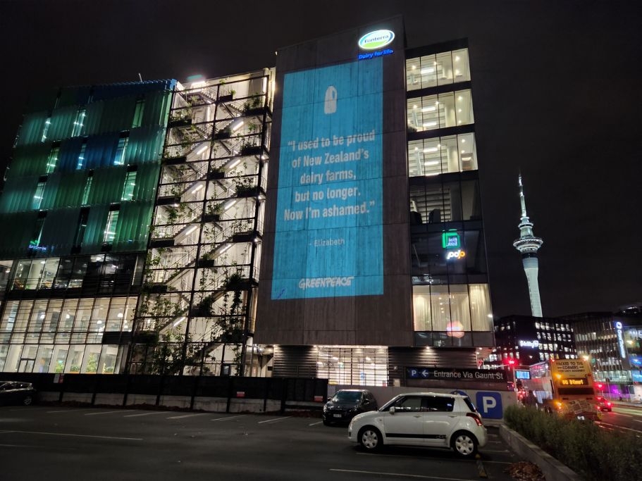 Greenpeace Lights Up Fonterra HQ With NZers' Passionate Calls For Environmental Action