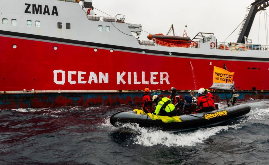 Greenpeace Activists Rebrand NZ Bottom Trawler "Ocean Killer" At Sea