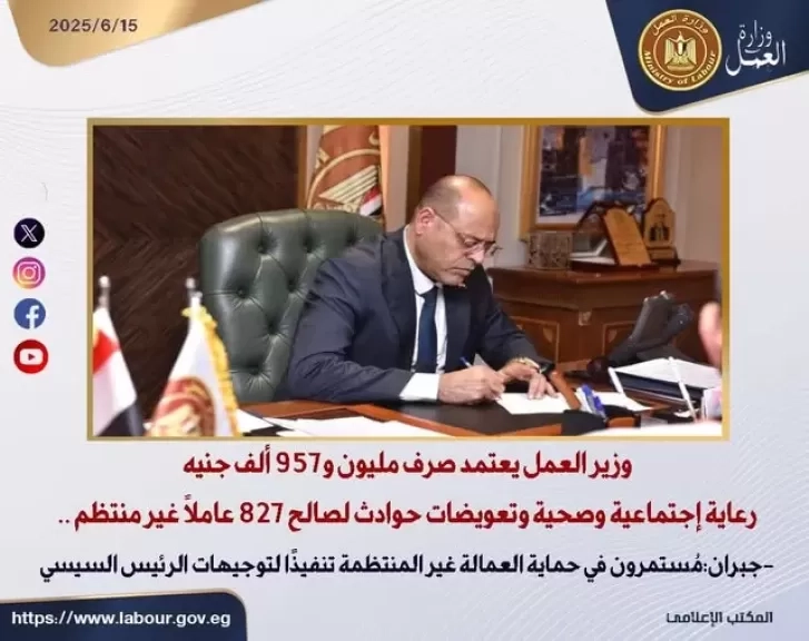 وزير العمل يعتمد صرف مليون و957 ألف جنيه رعاية اجتماعية وصحية وتعويضات حوادث لصالح 827 عاملًا غير منتظم
