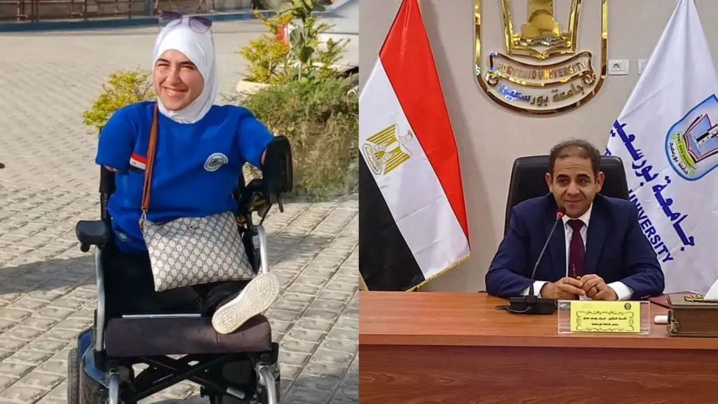 رئيس جامعة بورسعيد يهنىء الطالبة رحمة لفوزها بالمركز الرابع على العالم للبوتشيا للتحدي بالبحرين