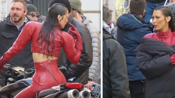 ببدلة جلد نارية.. شاهد «بيلا حديد» في باريس خلال تصوير مسلسل «The Beauty»