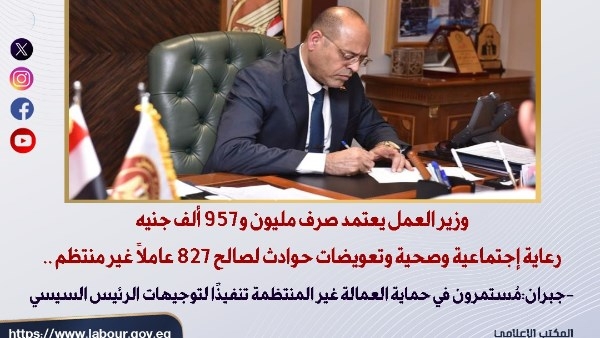 وزير العمل: صرف 2 مليون جنيه رعاية وتعويضات لـ 827 عاملًا غير منتظم