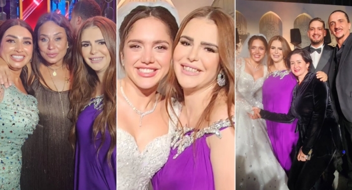 بصور مع نجوم الفن في حفل الزفاف ... دنيا عبد العزيز تهنئ رنا رئيس بدخولها القفص الذهبي