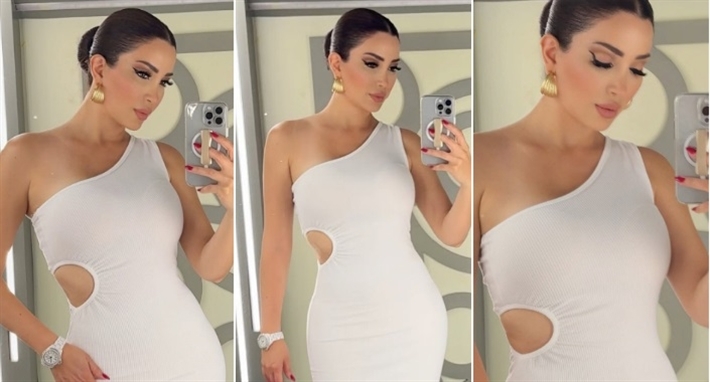 نسرين طافش بفستان أبيض بسيط ... ضيق وبفتحة عند البطن Cutout