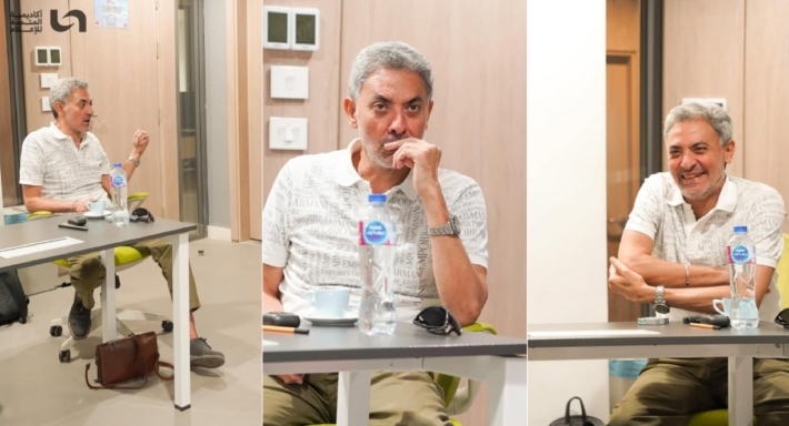 فتحي عبد الوهاب يناقش أدواره مع متدربي ورشة السيناريو بأكاديمية المتحدة للإعلام مع هاني سرحان