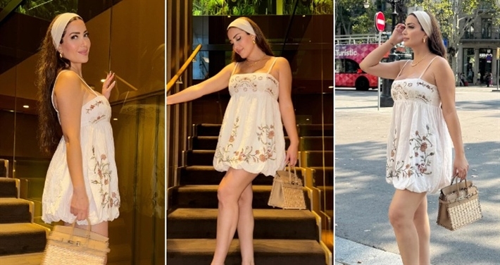 #شرطة_الموضة: نسرين طافش بفستان قصير بتطريزات ورود من Zara سعره 5000 جنيه وحقيبة من Hermes  بأكثر من 3 ملايين جنيه