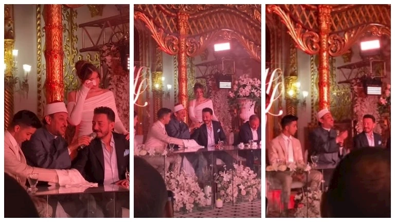 بكاء أحمد زاهر وحضور الخطيب.. الصور الأولى من عقد قران هشام جمال وليلى زاهر