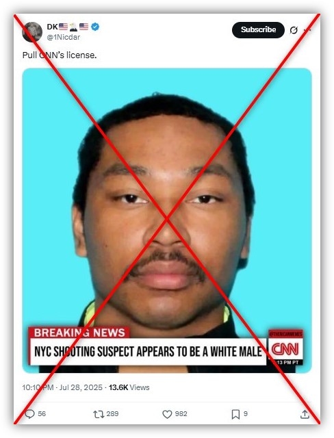 CNN chyrons labeling New York shooter as white are fake