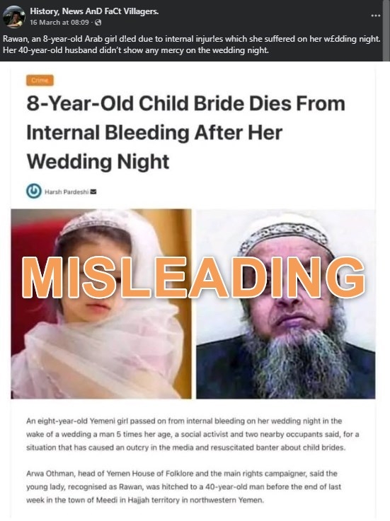 Posts misleadingly claim to show Yemeni man and his child bride who died after wedding night