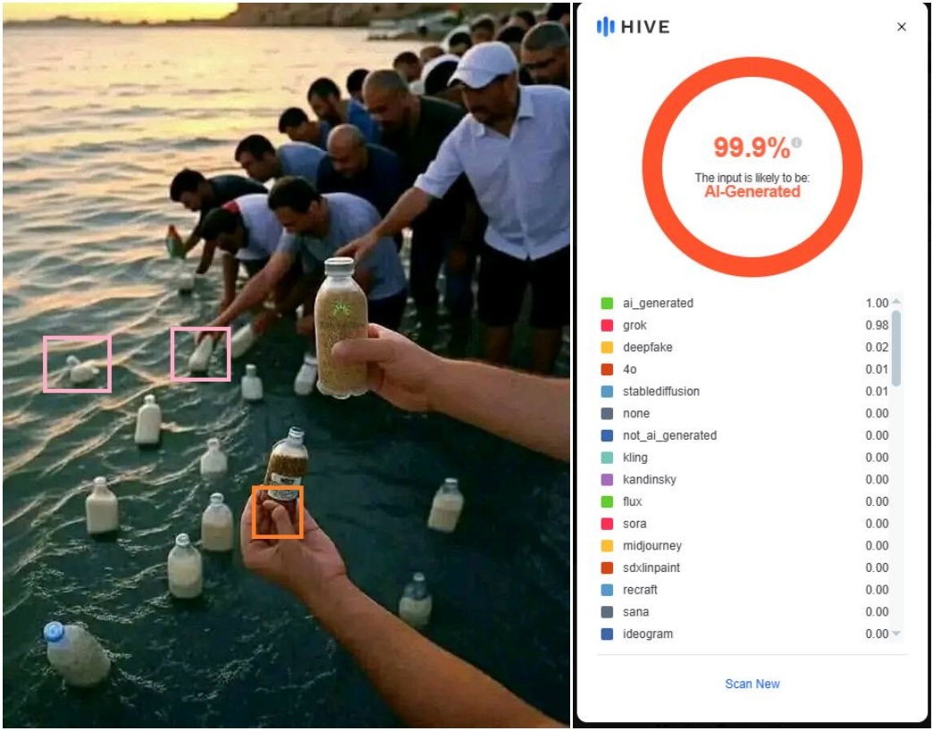 Images of people setting bottles of food adrift towards Gaza are AI-generated