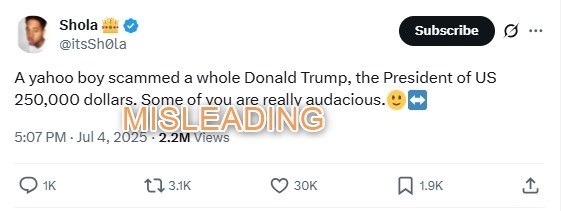 Posts claiming Nigerian ‘Yahoo boy' scammed Trump out of $250k are misleading