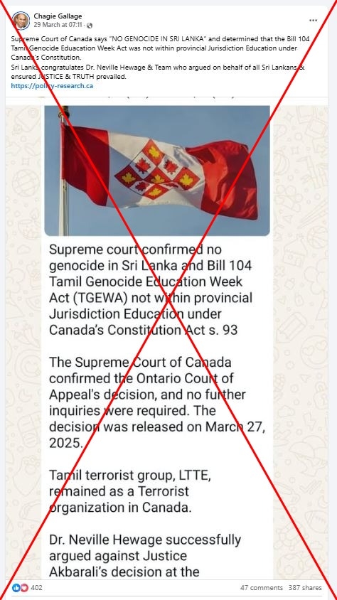 Posts misrepresent Canadian ruling on Sri Lanka civil war remembrance bill