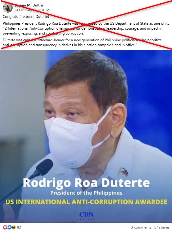 False claims Rodrigo Duterte 'won US anti-corruption award' stem from parody news site