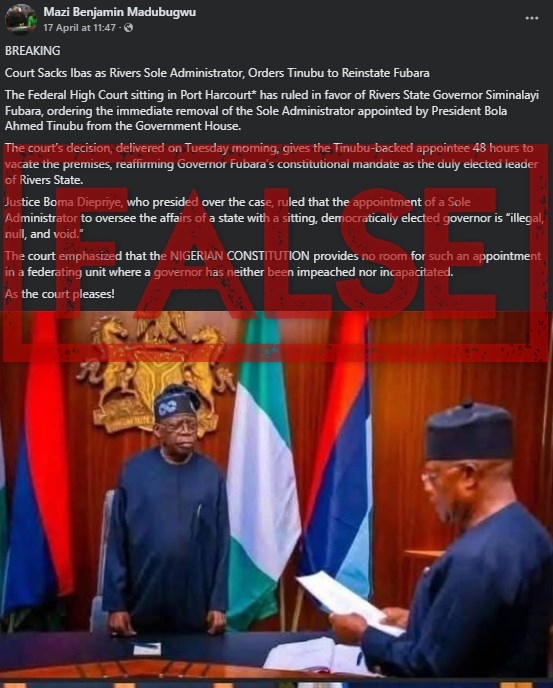 Posts falsely claim court ordered reinstatement of Nigeria's Rivers state governor