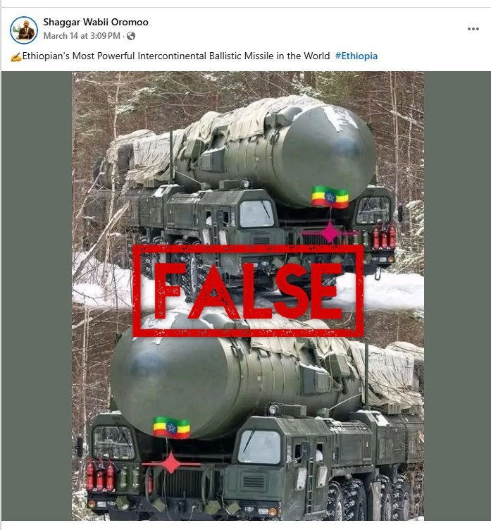 Photo of Russian intercontinental ballistic missile falsely shared as belonging to Ethiopia