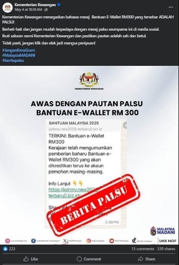 Malaysian finance ministry warns against 'false' e-wallet subsidy scheme posts