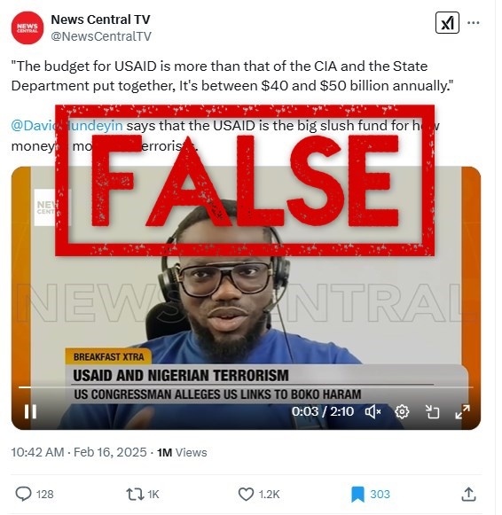 Nigerian journalist falsely claims USAID budget larger than CIA, State Department combined