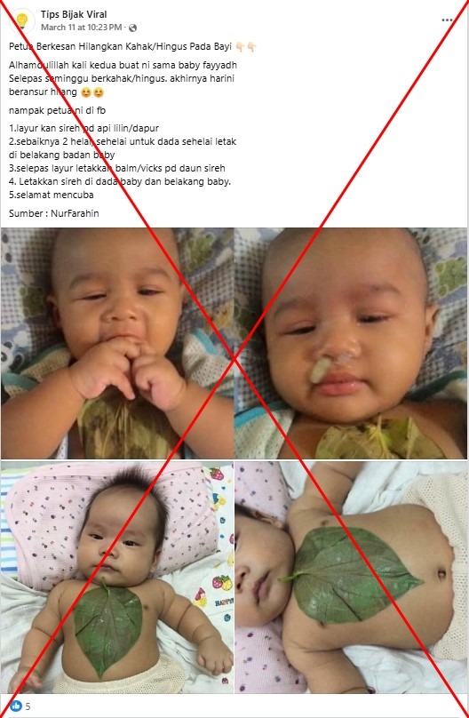 No evidence to support use of warm betel leaves applied to babies' skin to treat phlegm