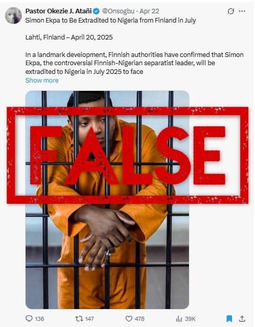 Claim that Finland is planning to extradite Nigerian separatist leader in July 2025 is false