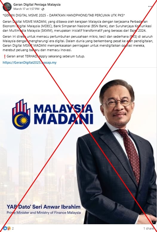 Malaysian govt agency warns against false 'gadget grant' offers
