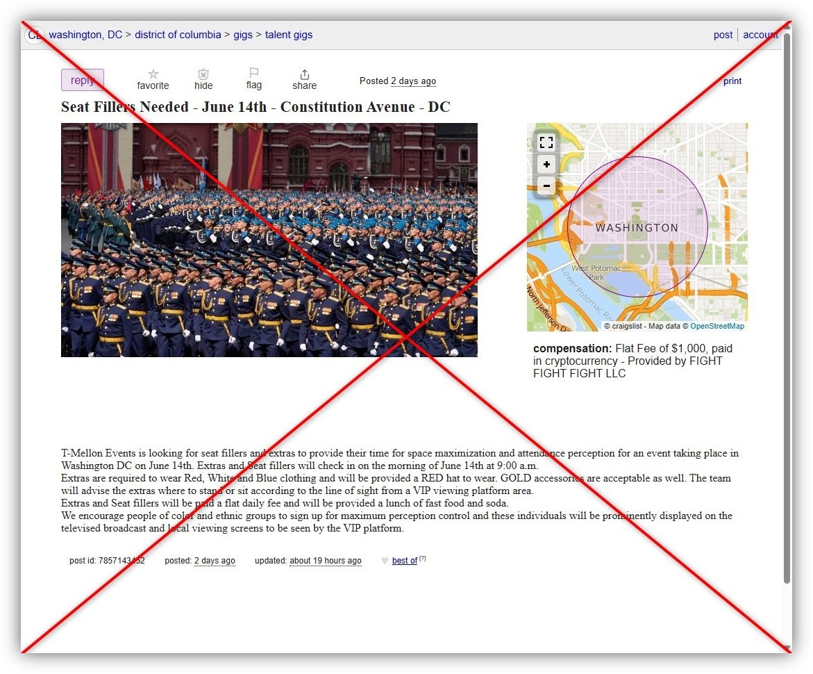 Craigslist post seeking military parade attendees is 'fake': White House