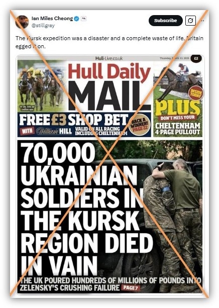 Fake newspaper cover on Ukrainian soldiers in Kursk spreads online