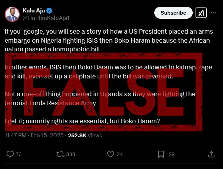 Post falsely claims US embargoed weapons deal with Nigeria over anti-gay law