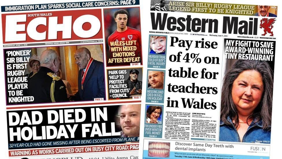 Wales' papers: 'Dad died in holiday fall' and pay rise offer for teachers