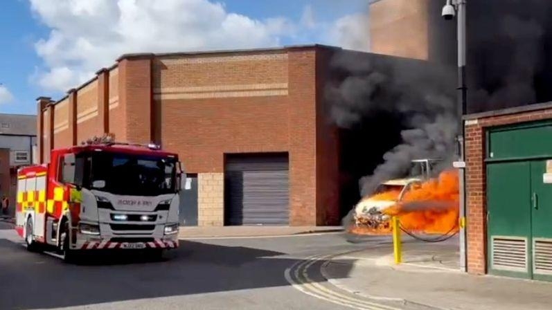 Crews tackle van fire in town centre