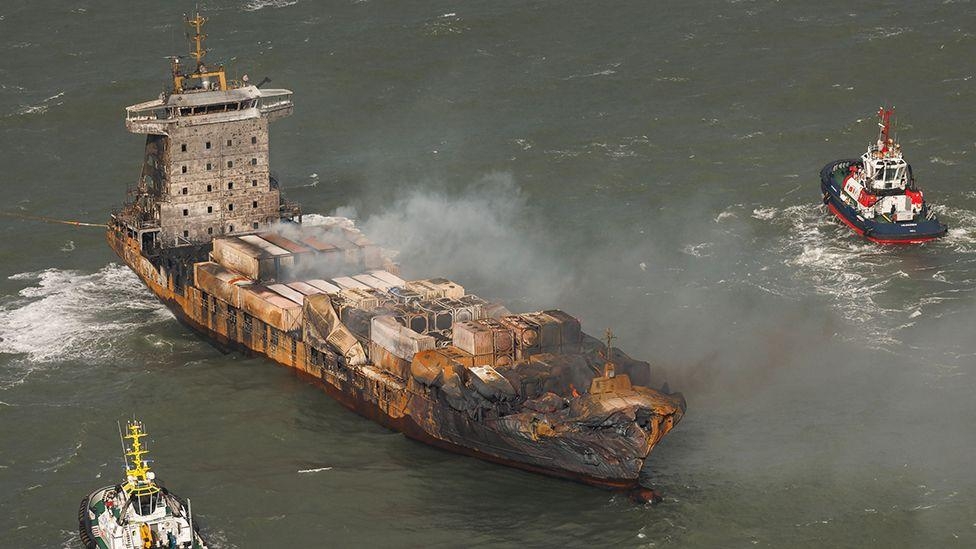 Damaged cargo ship being towed to Aberdeen